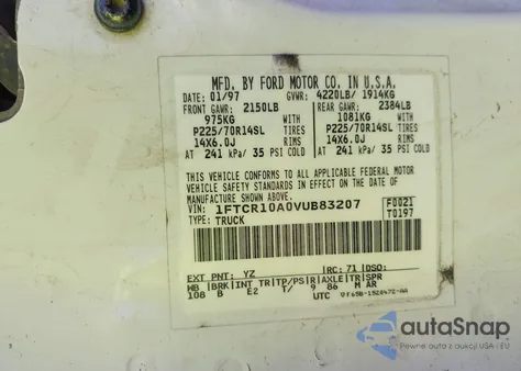 1997 Ford Ranger Splash/Xl/Xlt z USA, uszkodzony, nr VIN 1FTCR10A0VUB83207